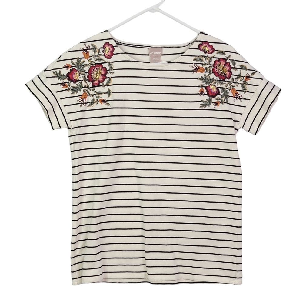 Chico White Breton Stripe Floral Embroidered Sequins Shirt Women's Size XSA